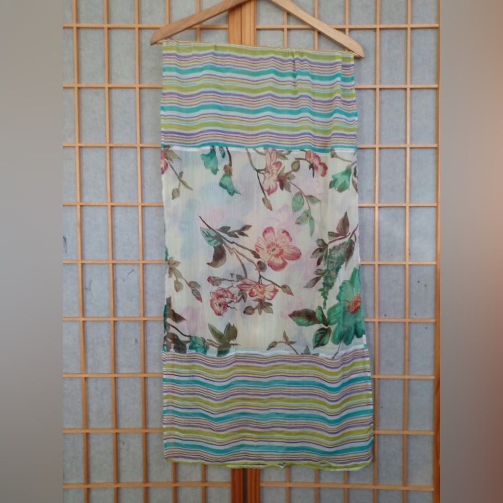 Yellow Green Floral Striped Rectangular Scarf Sha… - image 4